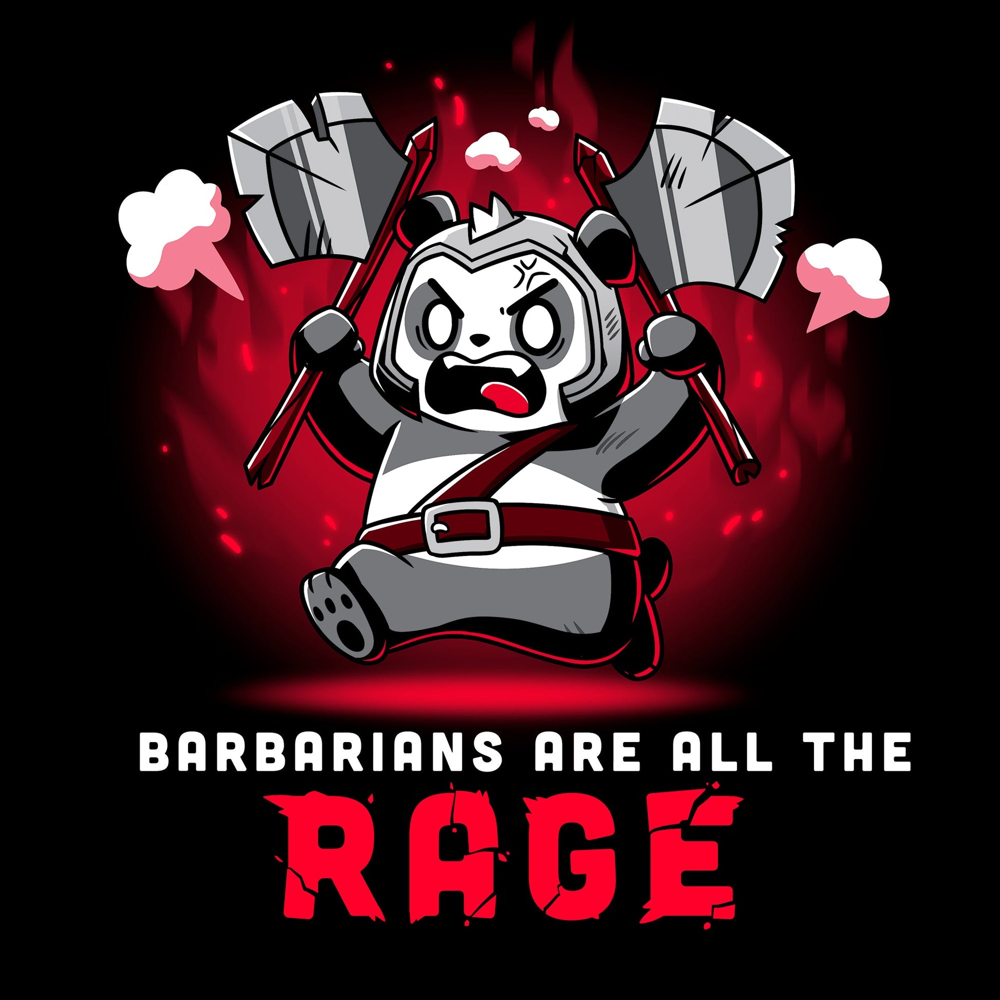 Classic Cotton T-shirt_TeeTurtle Barbarians are All the Rage black t-shirt featuring an angry panda wearing armor and holding axes in both hands with its arms raised high against a fiery red and black gradient background that resembles flames. "BARBARIANS ARE ALL THE RAGE" is written underneath.