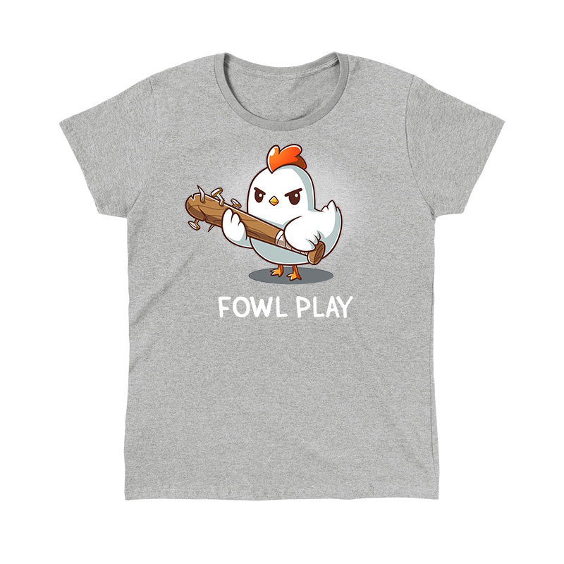 Classic Cotton T-shirt_TeeTurtle Fowl Play heather gray t-shirt featuring a white chicken looking devious holding a brown baseball bat with nails protruding from the end. "FOWL PLAY" is written below.