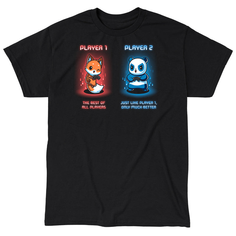 Classic Cotton T-shirt_TeeTurtle Player 1 and Player 2 black t-shirt featuring a fox and panda holding video game controllers in a player selection screen.