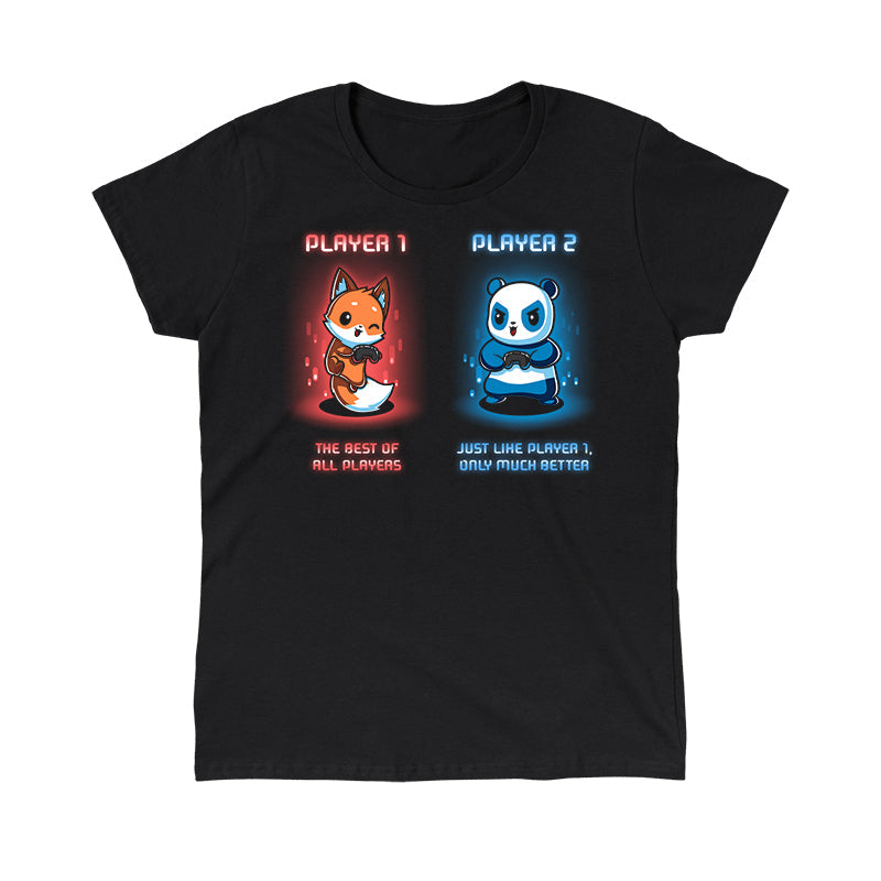 Classic Cotton T-shirt_TeeTurtle Player 1 and Player 2 black t-shirt featuring a fox and panda holding video game controllers in a player selection screen.