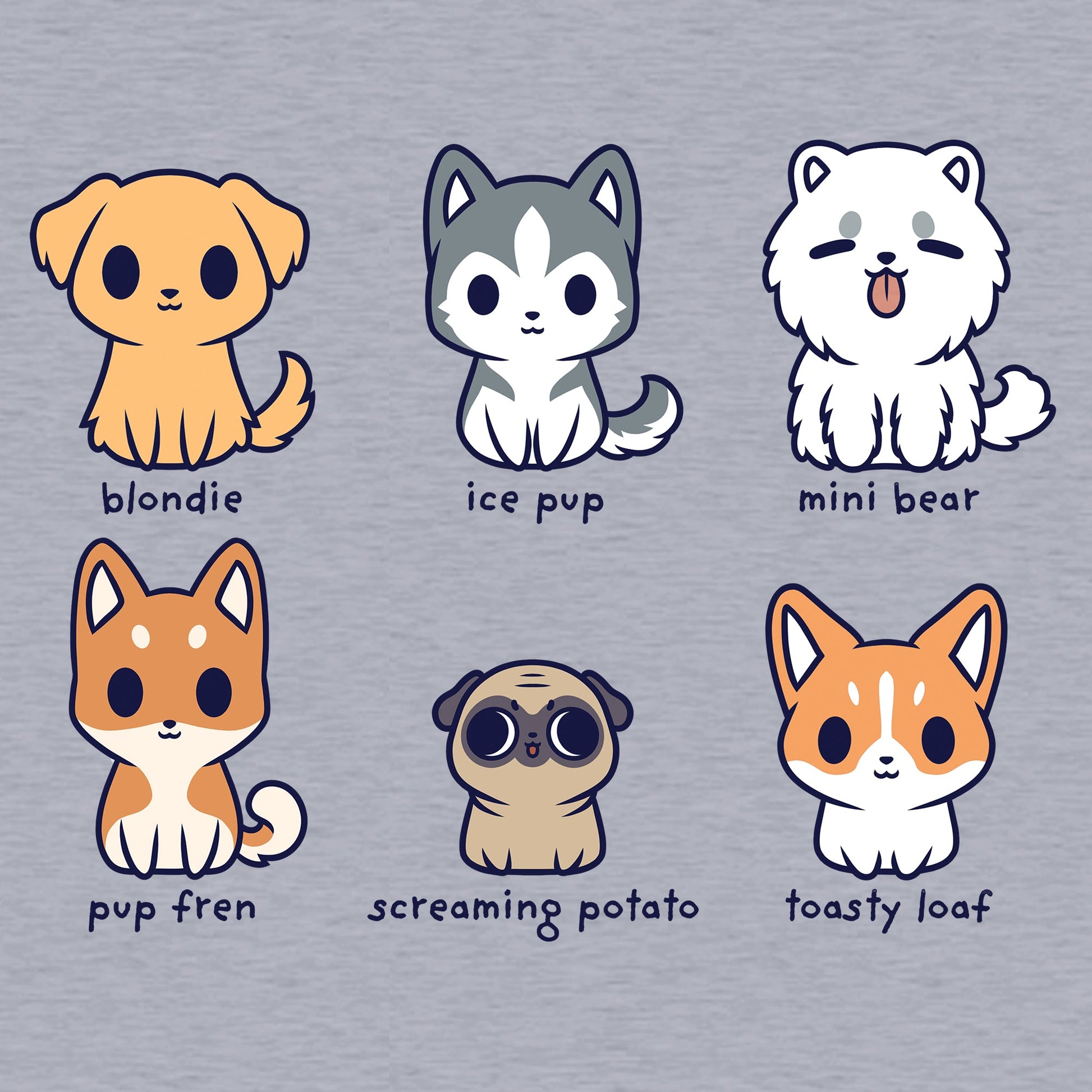 Classic Cotton T-shirt_TeeTurtle Dog Names silver heather gray t-shirt featuring six cartoon dogs with their names written underneath. The names are "blondie, ice pup, mini bear, pup fren, screaming potato, and toasty loaf."