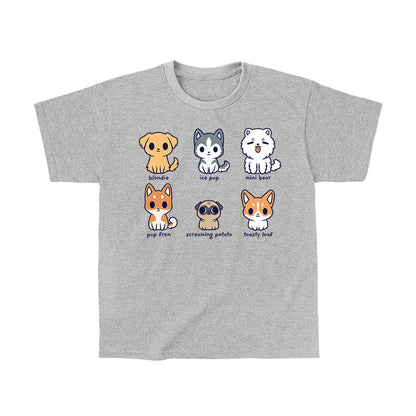 Classic Cotton T-shirt_TeeTurtle Dog Names silver heather gray t-shirt featuring six cartoon dogs with their names written underneath. The names are "blondie, ice pup, mini bear, pup fren, screaming potato, and toasty loaf."