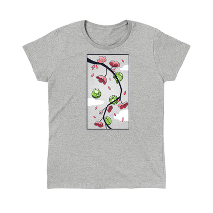 Classic Cotton T-shirt_TeeTurtle Cherry Blossom Frogs heather gray t-shirt featuring three three cartoon frogs sleeping on a cherry blossom branch and one frog floating while sleeping.