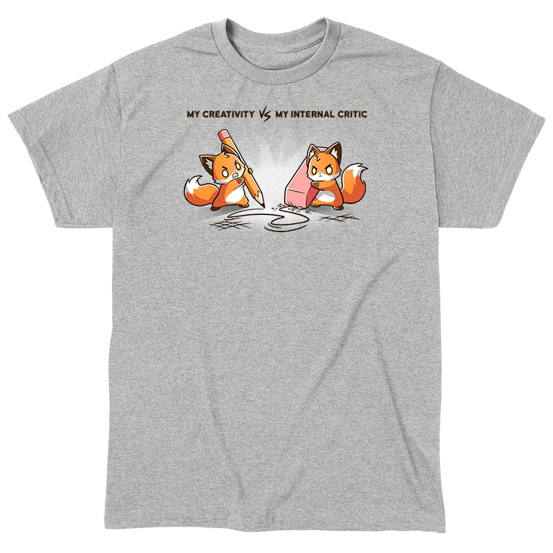 Classic Cotton T-shirt_TeeTurtle Creativity vs Critic heather gray t-shirt featuring a fox drawing with a pencil and another fox holding an eraser erasing the pencil drawing while both looking angry at each other. "MY CREATIVITY VS MY INTERNAL  CRITIC"  is written on top. 