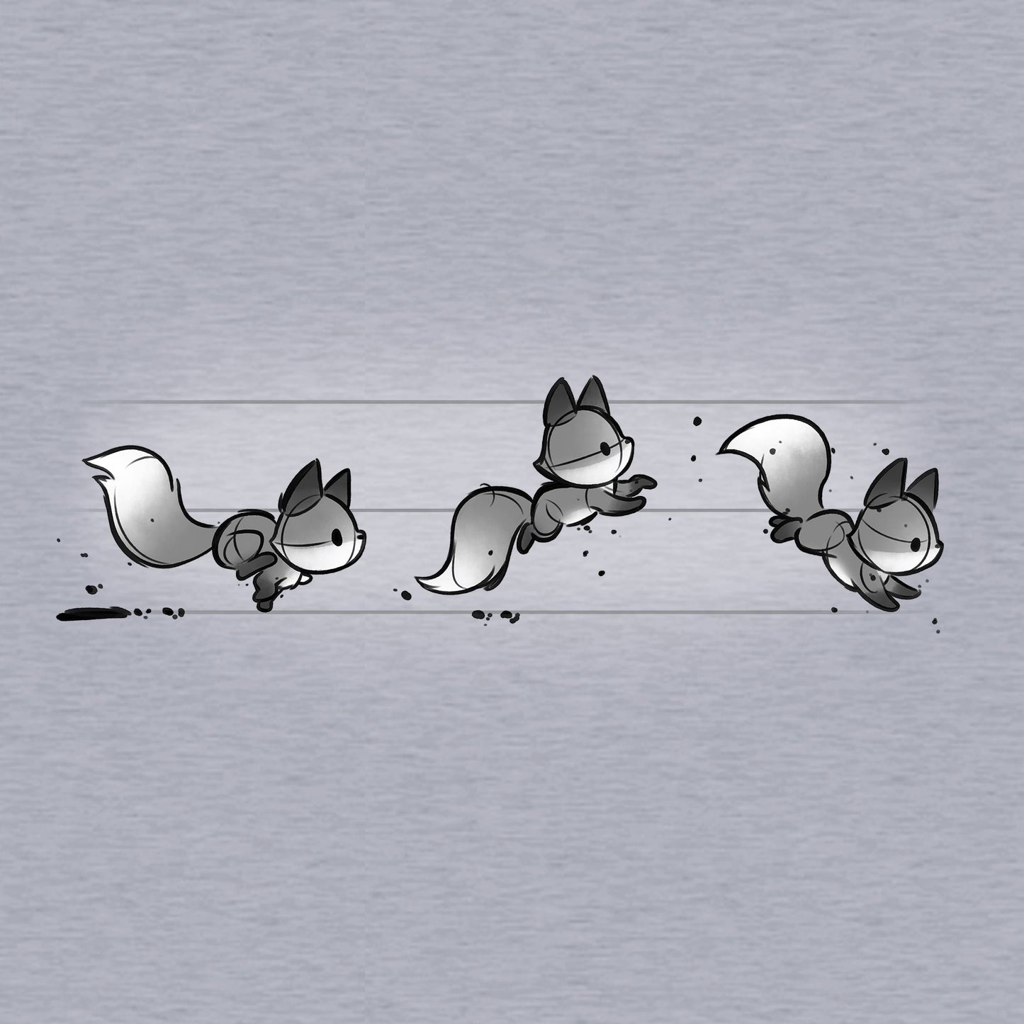 Classic Cotton T-shirt_TeeTurtle See Fox Run silver heather gray t-shirt featuring 3 gray cartoon foxes running in a line. 