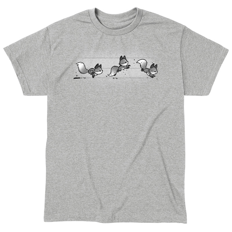 Classic Cotton T-shirt_TeeTurtle See Fox Run silver heather gray t-shirt featuring 3 gray cartoon foxes running in a line. 