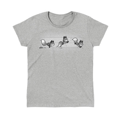 Classic Cotton T-shirt_TeeTurtle See Fox Run silver heather gray t-shirt featuring 3 gray cartoon foxes running in a line. 