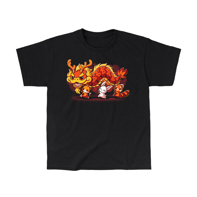 Classic Cotton T-shirt_TeeTurtle black The Dragon Dance. Featuring a cat, bunny, and red panda performing a lunar new year dragon dance.