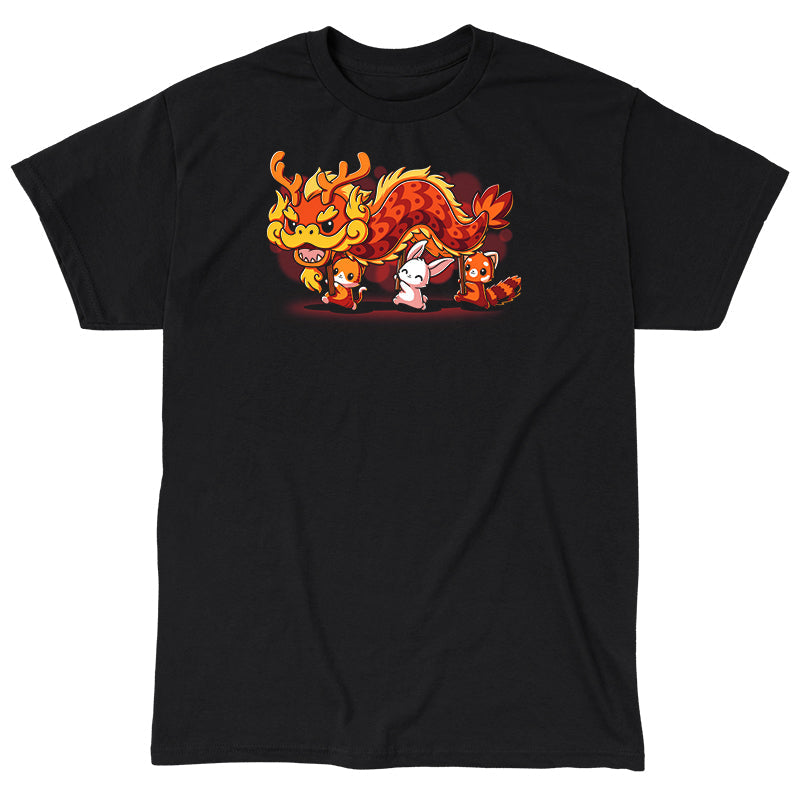 Classic Cotton T-shirt_TeeTurtle black The Dragon Dance. Featuring a cat, bunny, and red panda performing a lunar new year dragon dance.