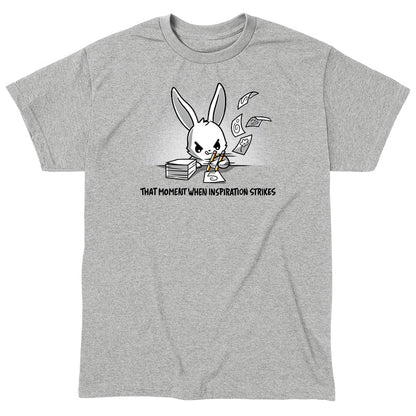 Classic Cotton T-shirt_TeeTurtle When Inspiration Strikes heather gray t-shirt featuring a white bunny rapidly writing on a stack of paper and making the paper fly away from writing so fast. "THAT MOMENT WHEN INSPIRATION STRIKES" is written below.