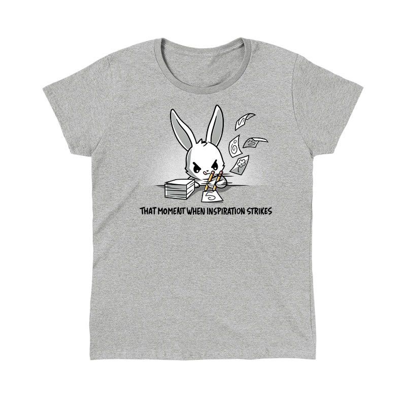 Classic Cotton T-shirt_TeeTurtle When Inspiration Strikes heather gray t-shirt featuring a white bunny rapidly writing on a stack of paper and making the paper fly away from writing so fast. "THAT MOMENT WHEN INSPIRATION STRIKES" is written below.