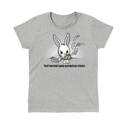 Classic Cotton T-shirt_TeeTurtle When Inspiration Strikes heather gray t-shirt featuring a white bunny rapidly writing on a stack of paper and making the paper fly away from writing so fast. "THAT MOMENT WHEN INSPIRATION STRIKES" is written below.