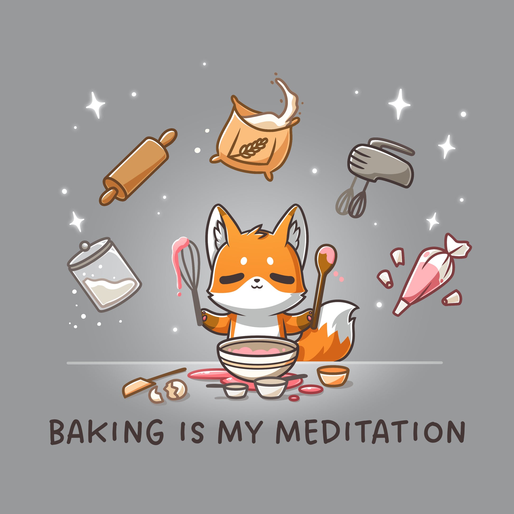 Premium Cotton T-shirt_TeeTurtle silver gray Baking Is My Meditation t-shirt featuring a peaceful fox in front of a bowl of batter holding baking tools with other baking tools floating around it in an arc.