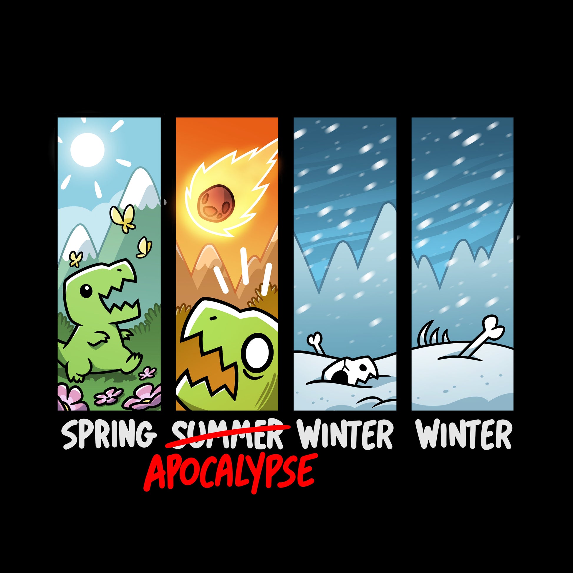 Classic Cotton T-shirt_TeeTurtle black Changing of the Seasons. Featuring a t-rex experiencing the changing seasons of spring, apocalypse, winter, and winter.