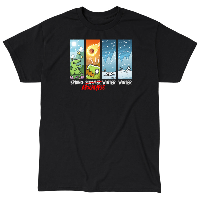 Classic Cotton T-shirt_TeeTurtle black Changing of the Seasons. Featuring a t-rex experiencing the changing seasons of spring, apocalypse, winter, and winter.