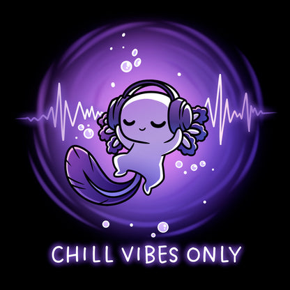 Crew Neck Sweatshirt_TeeTurtle black Chill Vibes Only apparel featuring a floating axolotl wearing a headset.