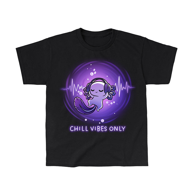 Classic Cotton T-shirt_TeeTurtle black Chill Vibes Only apparel featuring a floating axolotl wearing a headset.