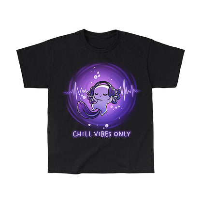 Classic Cotton T-shirt_TeeTurtle black Chill Vibes Only apparel featuring a floating axolotl wearing a headset.