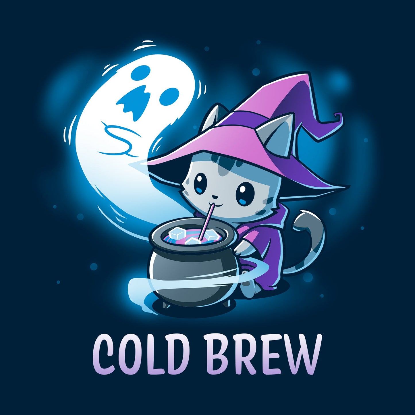 Classic Cotton T-shirt_TeeTurtle Cold Brew navy blue t-shirt featuring a cartoon gray cat wearing a purple witch's hat and purple cape contently drinking from a black witch's cauldron with a white ghost swirling around the cauldron and beside the cat. "COLD BREW" is written underneath.