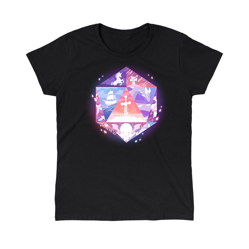 Classic Cotton T-shirt_TeeTurtle black D20 Adventures. Featuring a D20 with renditions of fantasy scenes in a stained-glass-like style on the die faces.