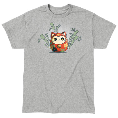 Classic Cotton T-shirt_TeeTurtle Daruma Kitty heather gray t-shirt featuring a little daruma cat wrapped in orange with yellow and blue flowers and green leaves. The daruma is surrounded by bamboo.