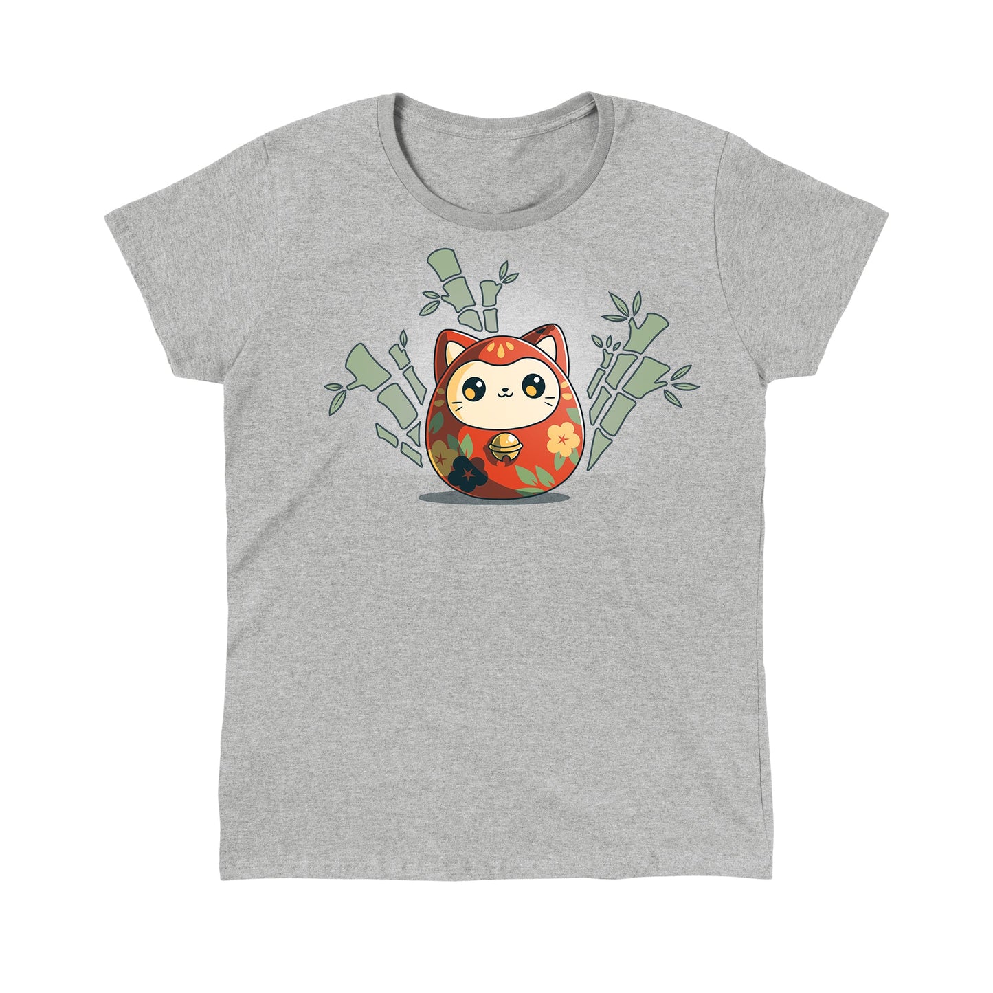 Classic Cotton T-shirt_TeeTurtle Daruma Kitty heather gray t-shirt featuring a little daruma cat wrapped in orange with yellow and blue flowers and green leaves. The daruma is surrounded by bamboo.