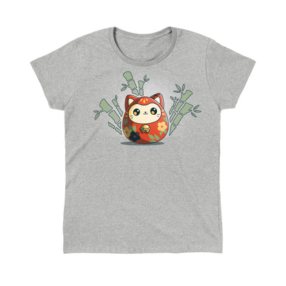 Classic Cotton T-shirt_TeeTurtle Daruma Kitty heather gray t-shirt featuring a little daruma cat wrapped in orange with yellow and blue flowers and green leaves. The daruma is surrounded by bamboo.