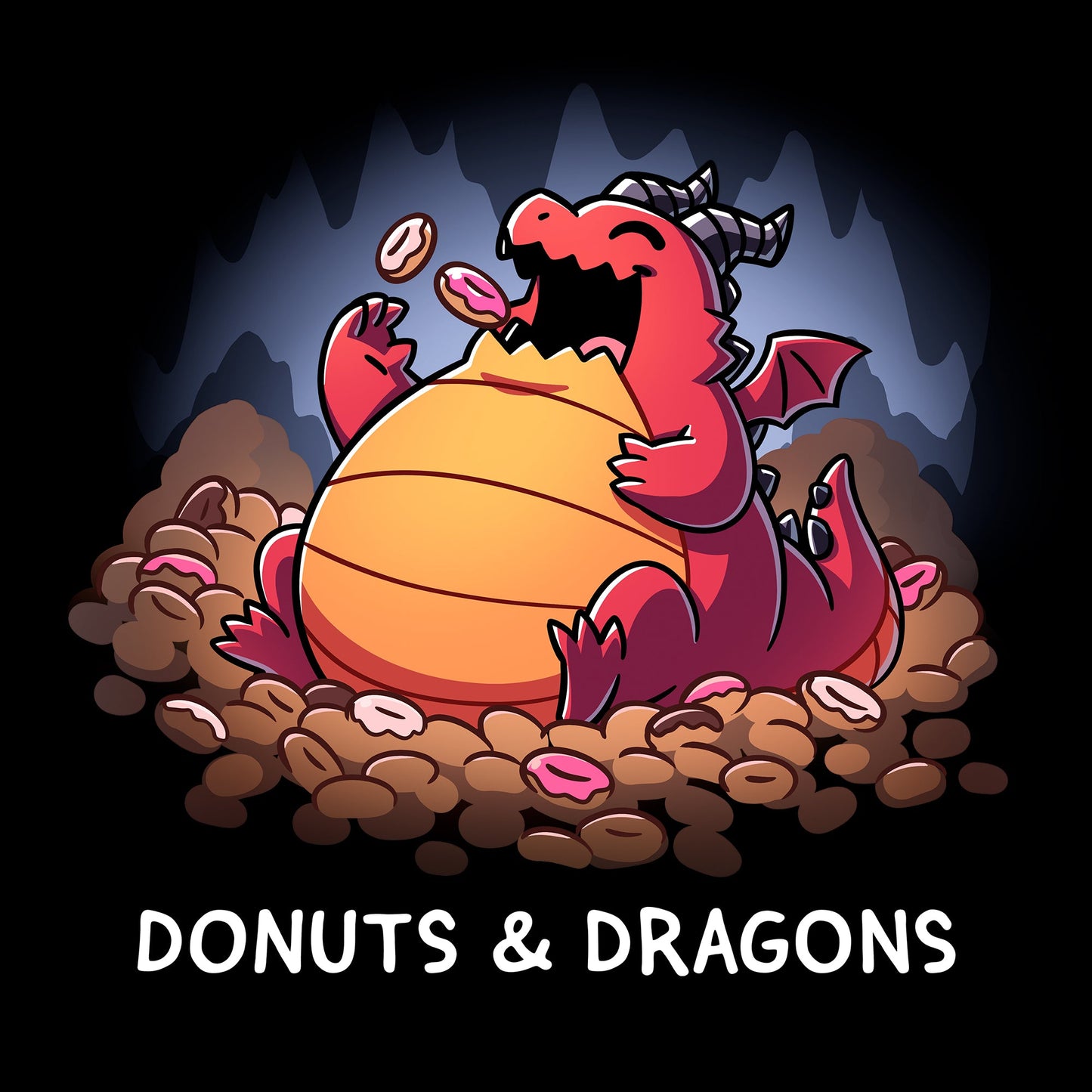 Classic Cotton T-shirt_TeeTurtle black Donuts & Dragons apparel featuring a rotund dragon eating donuts on a pile of donuts inside a cave.