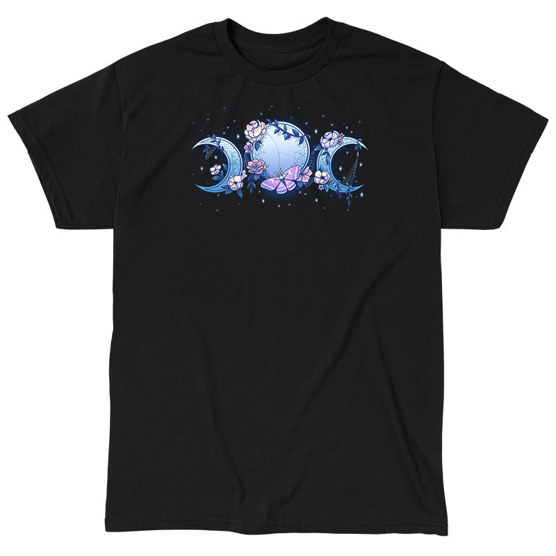 Classic Cotton T-shirt_TeeTurtle black Enchanted Moons featuring a full moon surrounded by crescent moons on each side with flowers, cobwebs, and a moth.