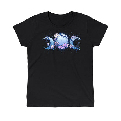 Classic Cotton T-shirt_TeeTurtle black Enchanted Moons featuring a full moon surrounded by crescent moons on each side with flowers, cobwebs, and a moth.