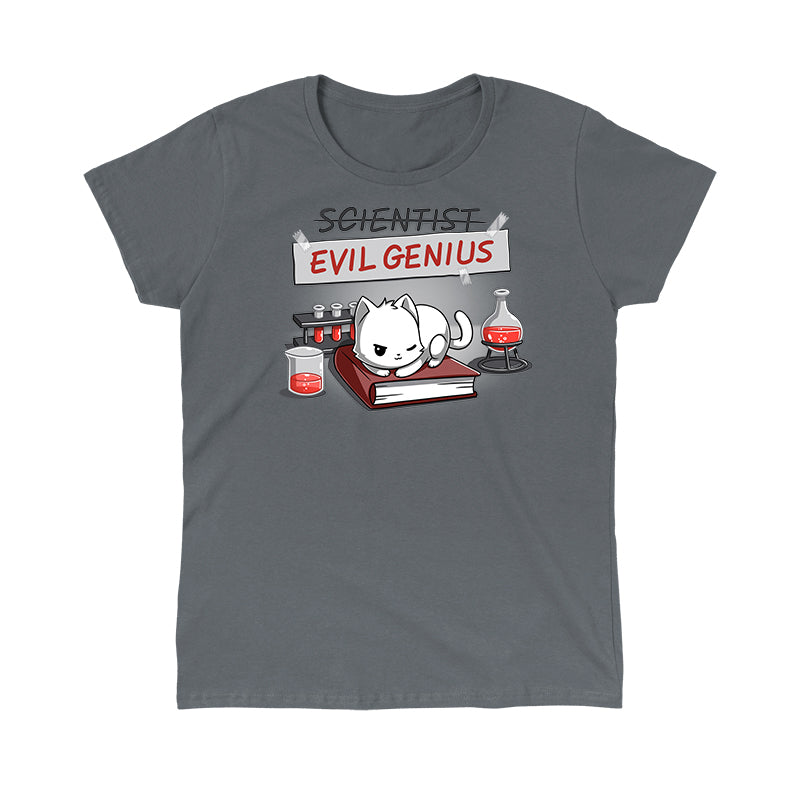 Classic Cotton T-shirt_TeeTurtle Evil Genius charcoal gray t-shirt featuring a white cat with a sly expression sitting on a book, surrounded by science equipment and red liquid in beakers. Above, a sign is crossed out that reads "SCIENTIST" with "EVIL GENIUS" written beneath it in red. 