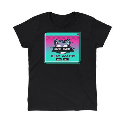 Classic Cotton T-shirt_TeeTurtle Game Over, Play Again? black t-shirt featuring a video game over screen with a wolf asking if you want to play again.