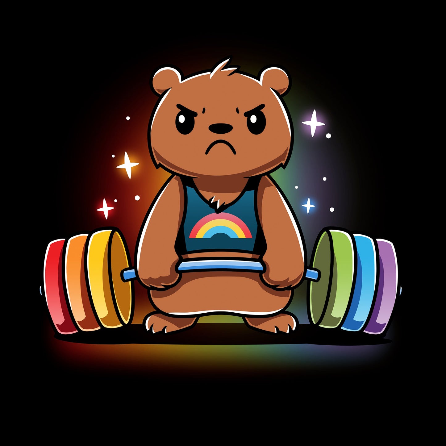 Classic Cotton T-shirt_TeeTurtle Gym Bear black t-shirt featuring a bear in a rainbow tank top lifting a colorful barbell against a dark background with star-like sparkles.