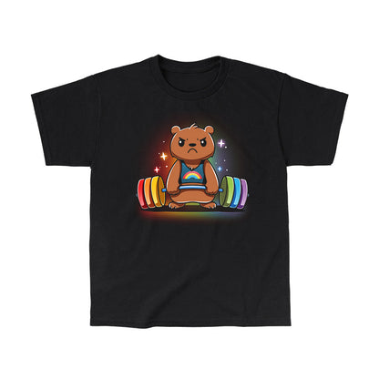 Classic Cotton T-shirt_TeeTurtle Gym Bear black t-shirt featuring a bear in a rainbow tank top lifting a colorful barbell against a dark background with star-like sparkles.