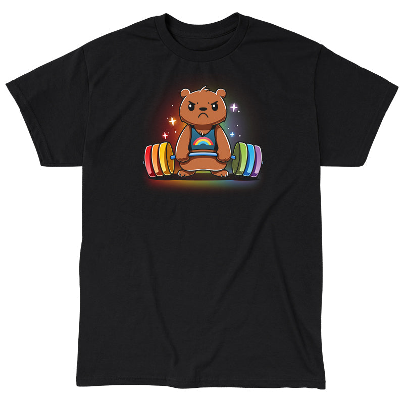 Classic Cotton T-shirt_TeeTurtle Gym Bear black t-shirt featuring a bear in a rainbow tank top lifting a colorful barbell against a dark background with star-like sparkles.