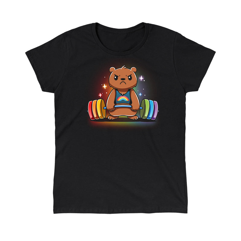 Classic Cotton T-shirt_TeeTurtle Gym Bear black t-shirt featuring a bear in a rainbow tank top lifting a colorful barbell against a dark background with star-like sparkles.