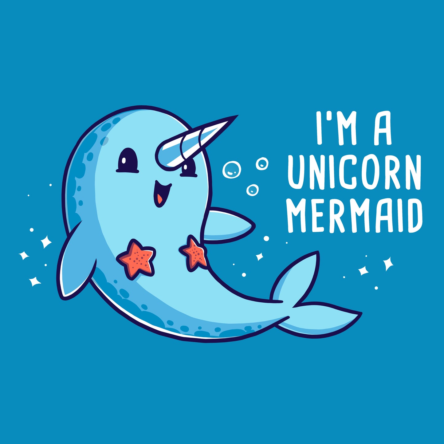 Teeturtle Cobalt Blue I'm a Unicorn Mermaid Premium Cotton T-shirt. Featuring a cute, smiling Narwhal wearing a pair of starfish on its chest while swimming in the ocean with sparkles and bubbles