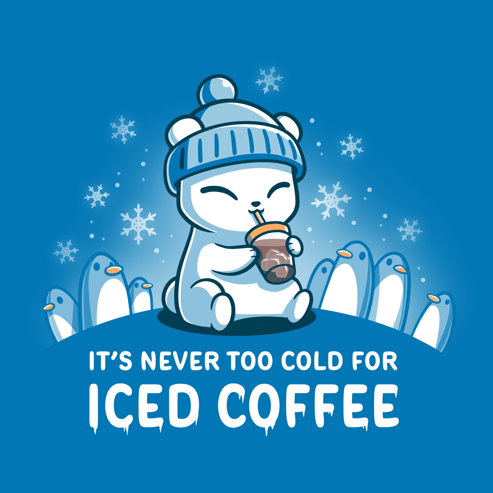 Classic Cotton T-shirt_TeeTurtle sapphire blue It's Never Too Cold for Iced Coffee apparel featuring a polar bear drinking iced coffee surrounded by penguins while it's snowing.