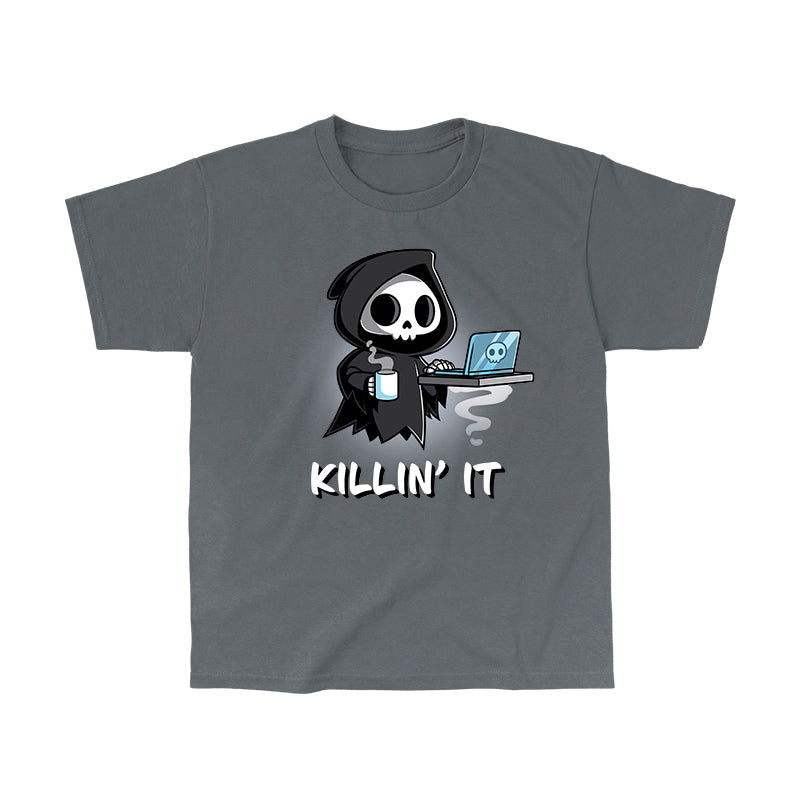 Classic Cotton T-shirt_TeeTurtle Killin' It charcoal gray t-shirt featuring a Grim Reaper with a laptop and coffee cup, accompanied by the word pun tagline "KILLIN' IT."