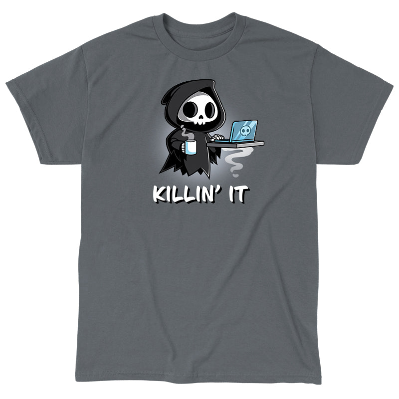 Classic Cotton T-shirt_TeeTurtle Killin' It charcoal gray t-shirt featuring a Grim Reaper with a laptop and coffee cup, accompanied by the word pun tagline "KILLIN' IT."