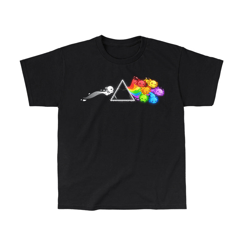 Classic Cotton T-shirt_TeeTurtle Prism Axo black t-shirt featuring a black and white axolotl swimming toward a prism and a pride rainbow of axolotls swimming away from the prism. 