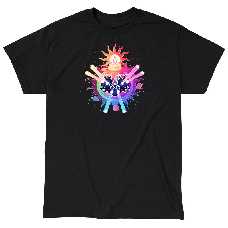 Classic Cotton T-shirt_TeeTurtle black Psychedelic Unicorns. Featuring unicorns shooting star-shaped lasers out of their eyes surrounded by psychedelic galactic elements.