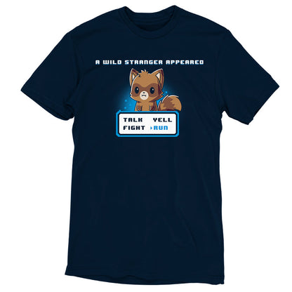 Premium Cotton T-shirt_Teeturtle A Wild Stranger Appeared navy blue Featuring a Raccoon beneath the words 'A Wild Stranger Appeared' with a RPG input screen with 'Talk, Yell, Fight, Run' beneath with 'Run' selected.