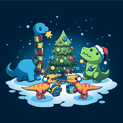 Pullover Hoodie_TeeTurtle A Very Dino Christmas navy blue design featuring dinosaurs celebrating around a decorated Christmas tree with snow on the ground and dinosaurs holding presents.