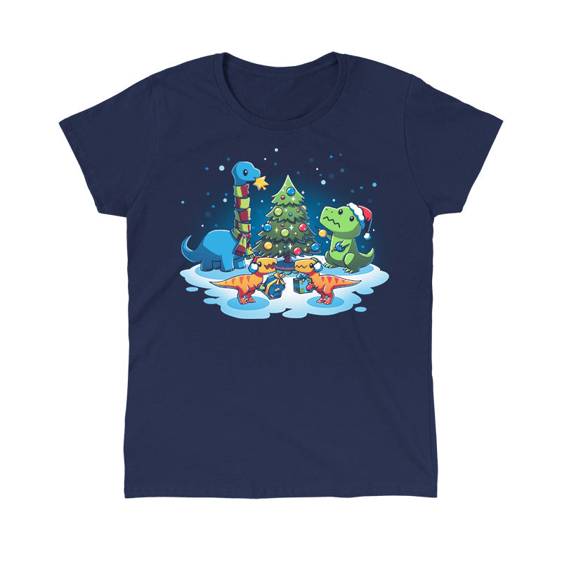 Classic Cotton T-shirt_TeeTurtle A Very Dino Christmas navy blue t-shirt featuring dinosaurs celebrating around a decorated Christmas tree with snow on the ground and dinosaurs holding presents.