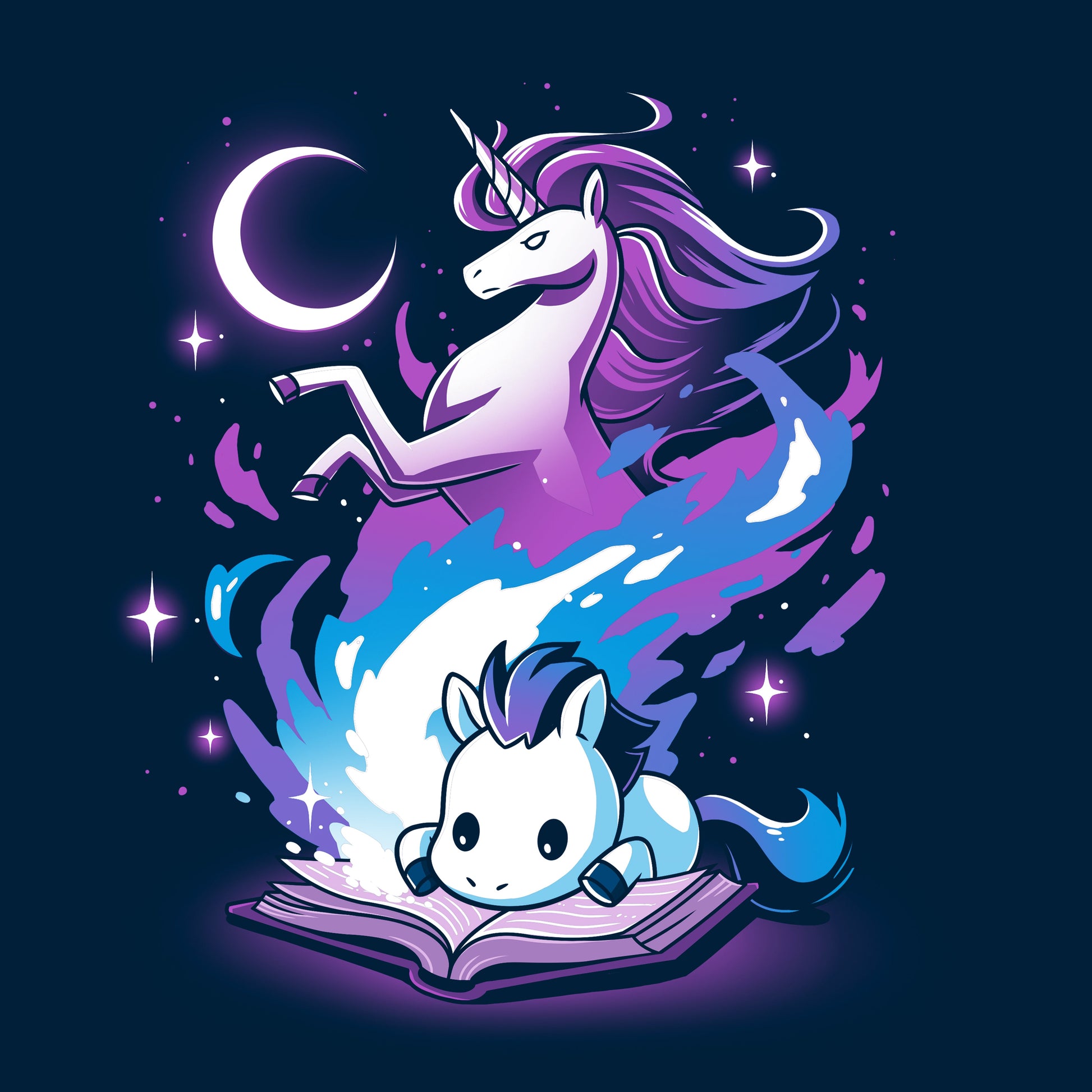 Classic Cotton T-shirt_TeeTurtle A Magical Tale navy blue t-shirt featuring an imaginative young horse reading a book with a magical unicorn in the background.