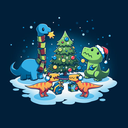 Classic Cotton T-shirt_TeeTurtle A Very Dino Christmas navy blue t-shirt featuring dinosaurs celebrating around a decorated Christmas tree with snow on the ground and dinosaurs holding presents.