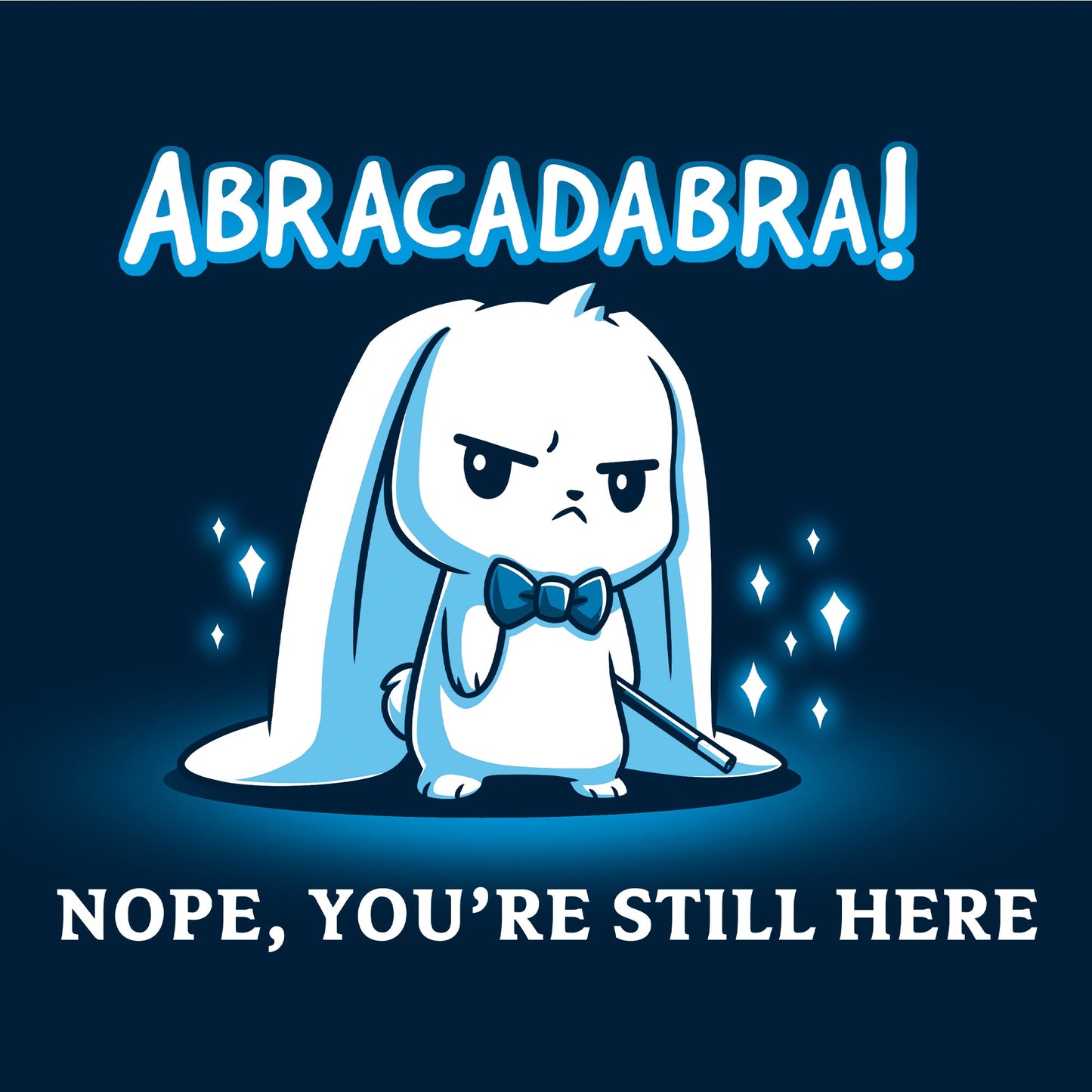 Pullover Hoodie_TeeTurtle Abracadabra navy blue design featuring a serious-looking white rabbit wearing a bow tie and holding a magic wand 