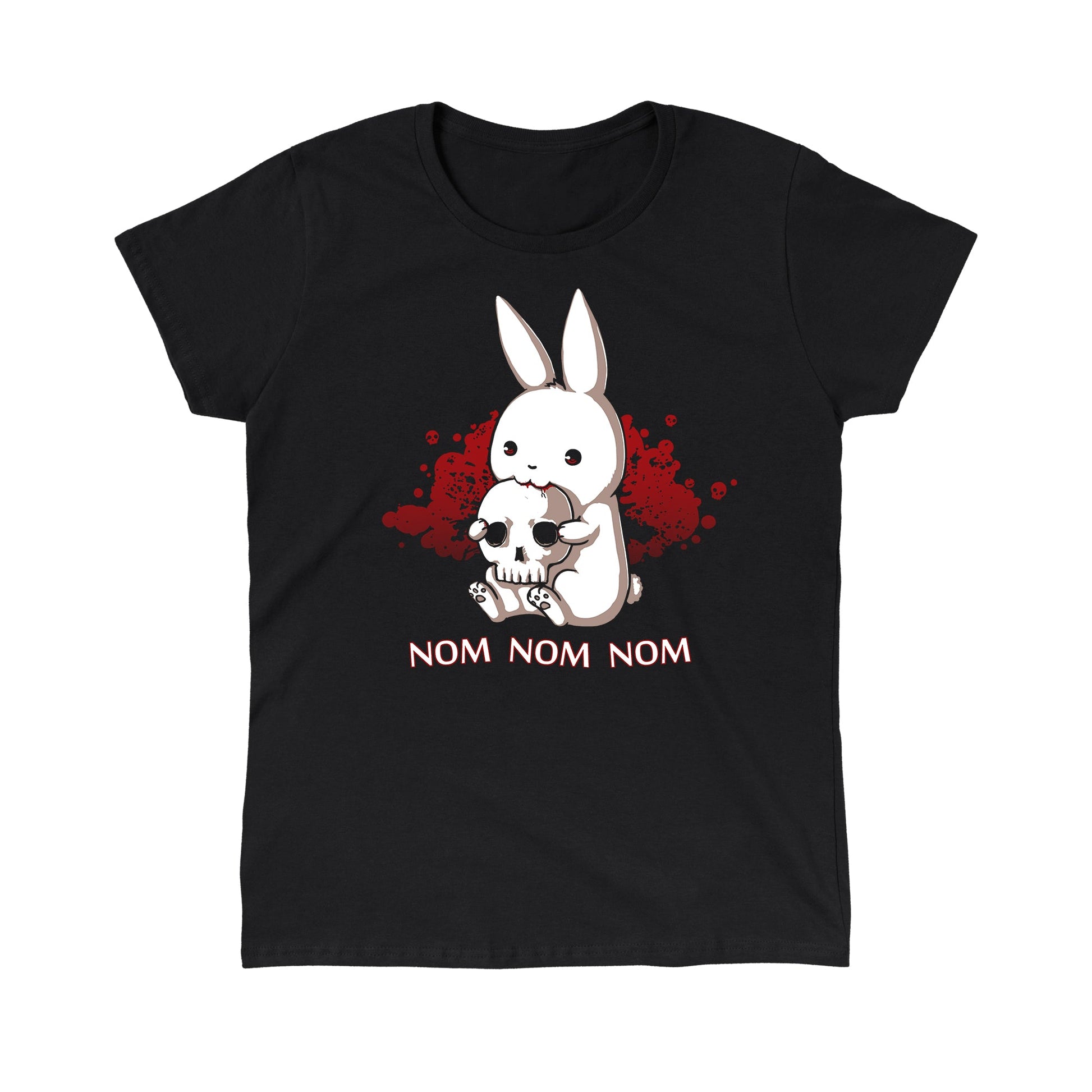 Classic Cotton T-shirt_TeeTurtle Adorable Monstrosity black t-shirt featuring an adorable bunny biting into a skull with the words "nom nom nom."