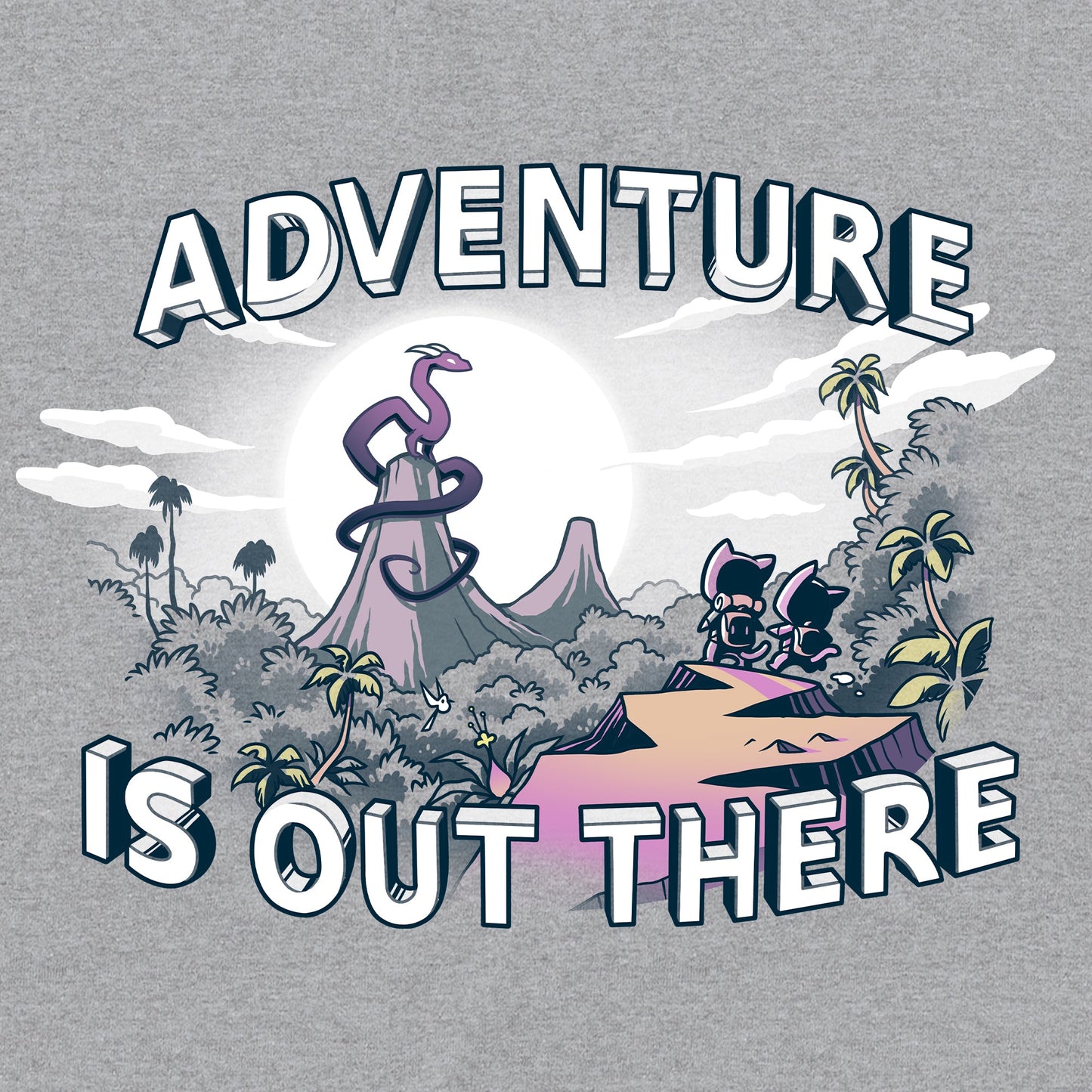 Classic Cotton T-shirt_TeeTurtle Adventure is Out There heather gray t-shirt featuring a jungle landscape with a pair of cute cats in adventuring backpacks on a cliff gazing over it towards a pair of mountains rising out of the jungle with a serpentine dragon standing upon one of the peaks. 'Adventure Is Out There' is written above and below the image.